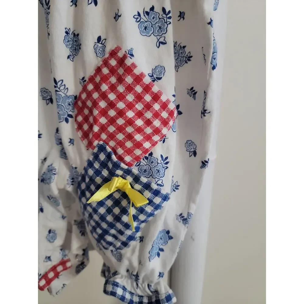 Vintage Baby Romper 3-6M Patchwork Gingham Plaid Floral One Piece Short Sleeve
